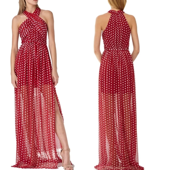 🔥ML MONIQUE LHUILLIER Red Polka Dot Maxi Dress - Picture 1 of 17
